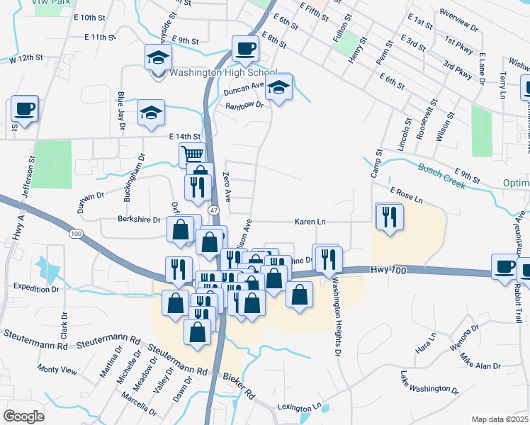 map of restaurants, bars, coffee shops, grocery stores, and more near 1000 Karen Lane in Washington