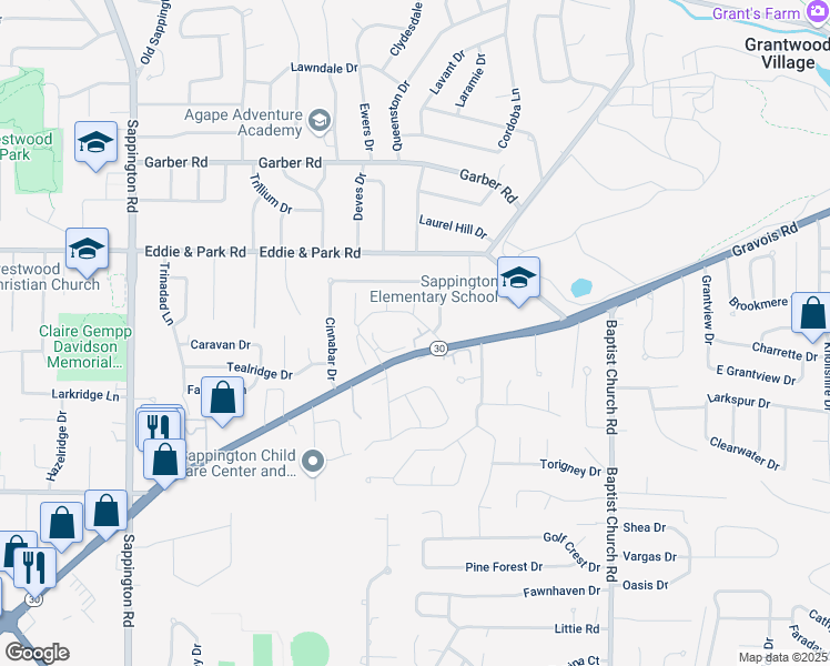 map of restaurants, bars, coffee shops, grocery stores, and more near 9209 Bent Pine Court in Sappington