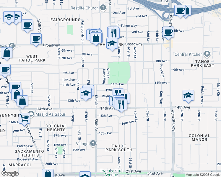 map of restaurants, bars, coffee shops, grocery stores, and more near 3561 David Way in Sacramento
