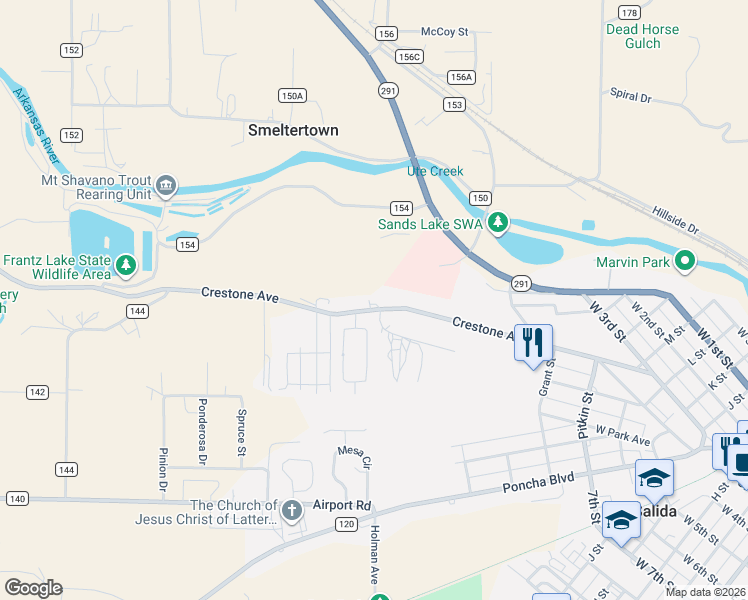 map of restaurants, bars, coffee shops, grocery stores, and more near 7285 County Road 160 in Salida