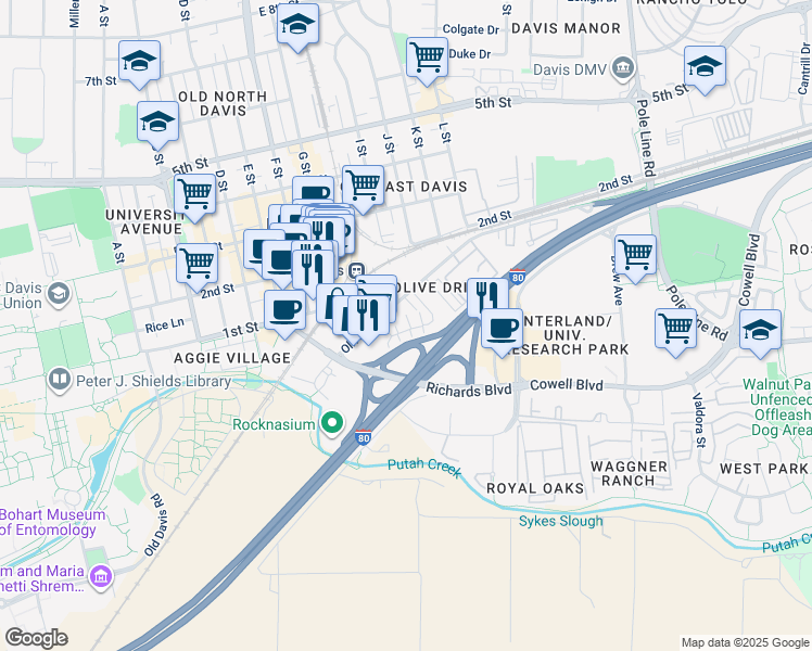 map of restaurants, bars, coffee shops, grocery stores, and more near 1165 Olive Drive in Davis