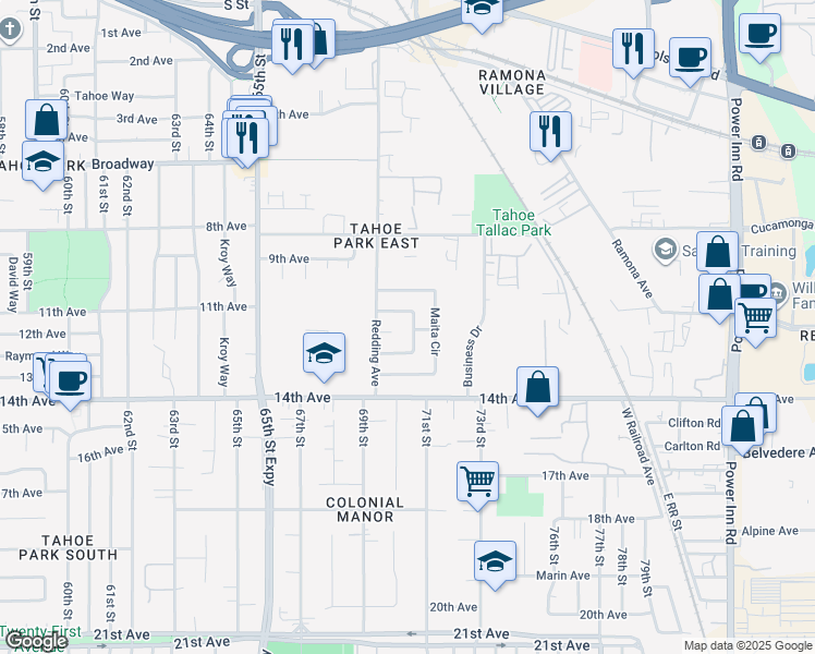 map of restaurants, bars, coffee shops, grocery stores, and more near 6940 McQuillan Circle in Sacramento