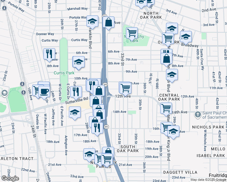 map of restaurants, bars, coffee shops, grocery stores, and more near 3224 11th Avenue in Sacramento