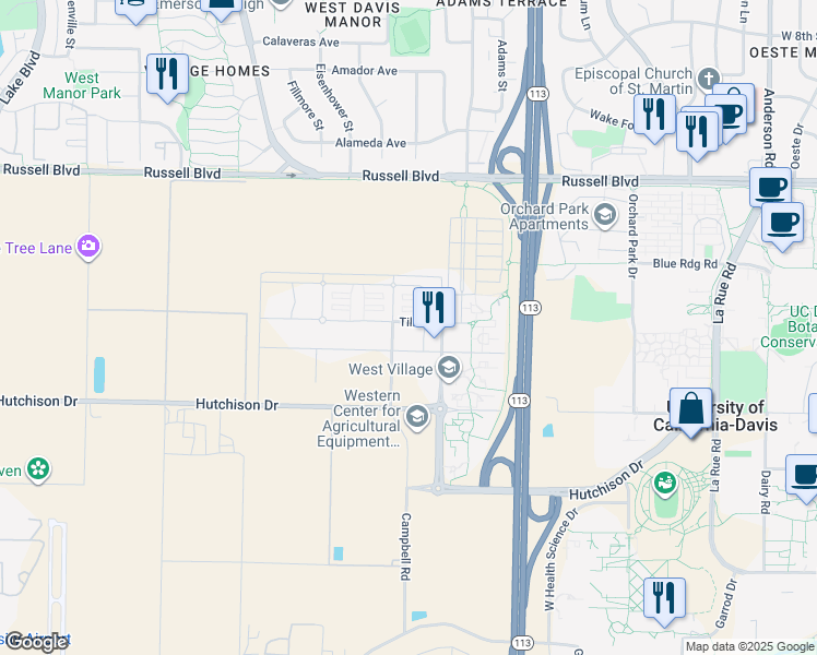 map of restaurants, bars, coffee shops, grocery stores, and more near 1890 Tilia Street in Davis
