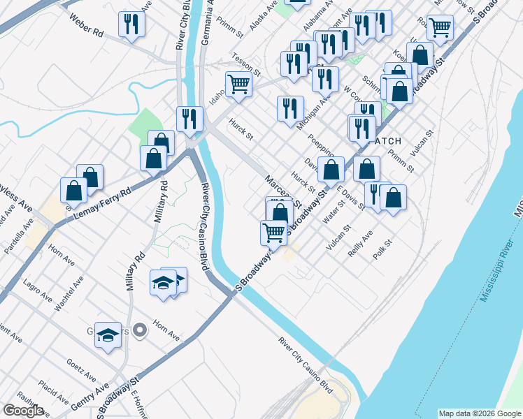 map of restaurants, bars, coffee shops, grocery stores, and more near 8425 Minnesota Avenue in St. Louis