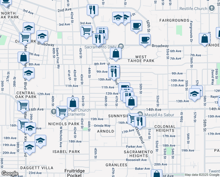 map of restaurants, bars, coffee shops, grocery stores, and more near 4616 11th Avenue in Sacramento