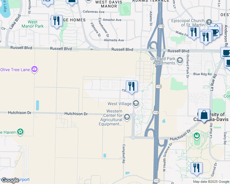 map of restaurants, bars, coffee shops, grocery stores, and more near 2040 Tilia Street in Davis
