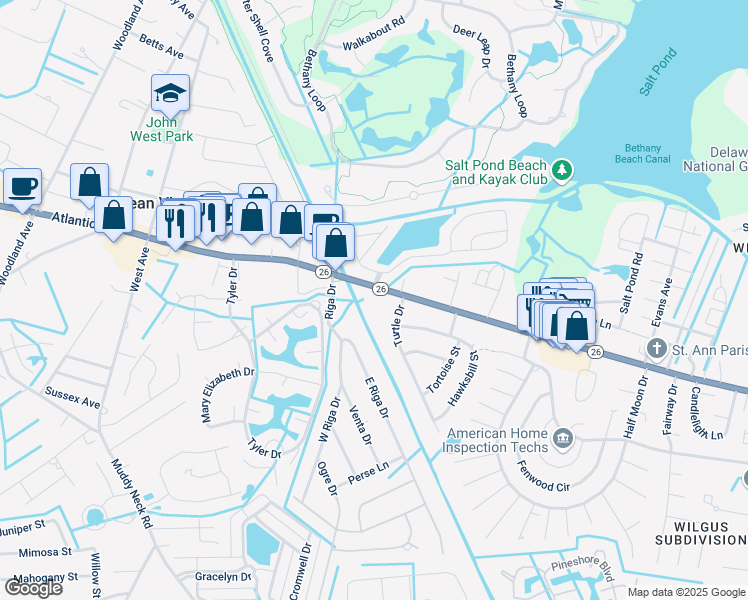 map of restaurants, bars, coffee shops, grocery stores, and more near 978 Lake View Drive in Bethany Beach
