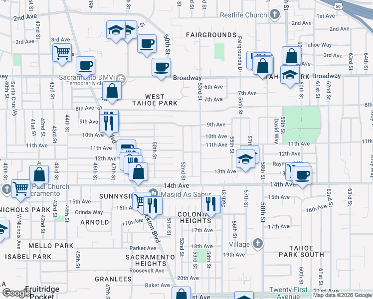 map of restaurants, bars, coffee shops, grocery stores, and more near 5201 11th Avenue in Sacramento