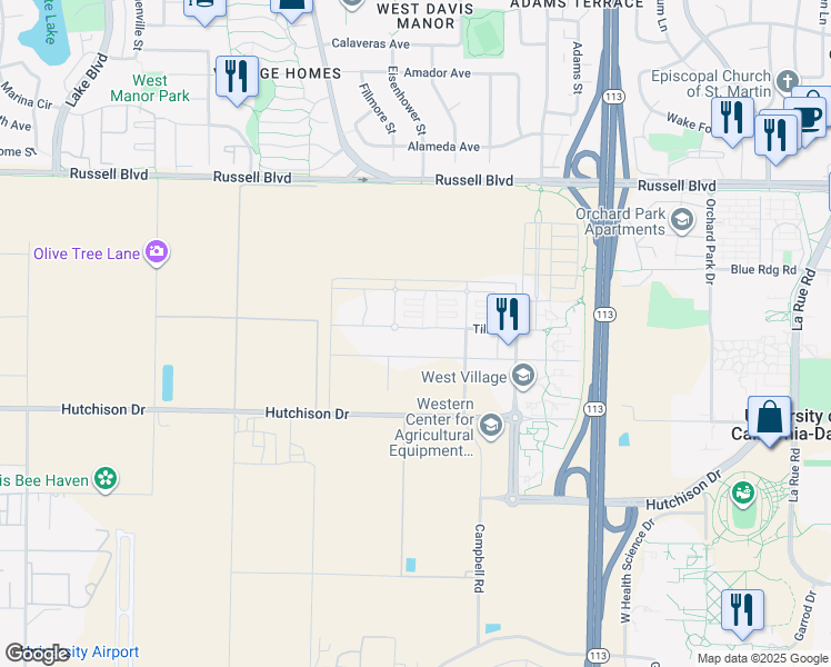 map of restaurants, bars, coffee shops, grocery stores, and more near 2120 Tilia Street in Davis