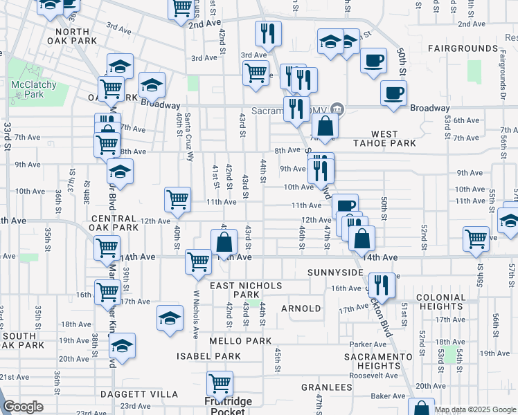 map of restaurants, bars, coffee shops, grocery stores, and more near 3610 44th Street in Sacramento