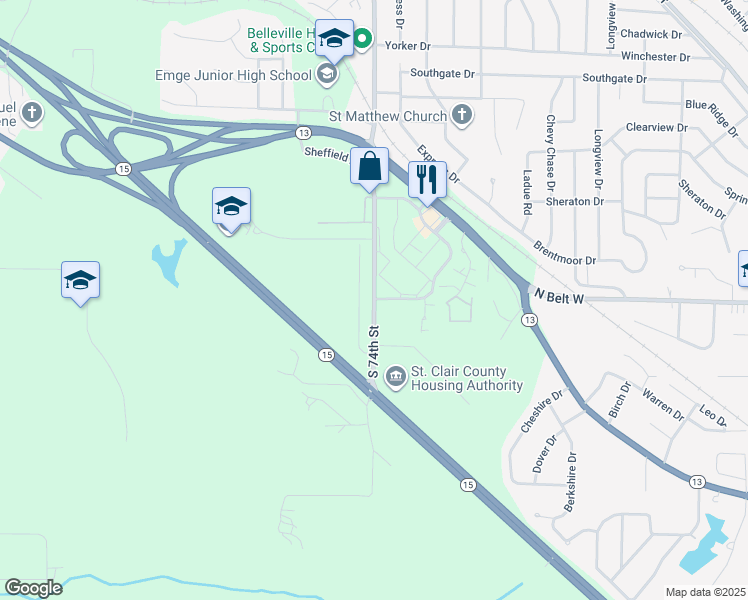 map of restaurants, bars, coffee shops, grocery stores, and more near 1744 Westfield Plaza Parkway in Belleville