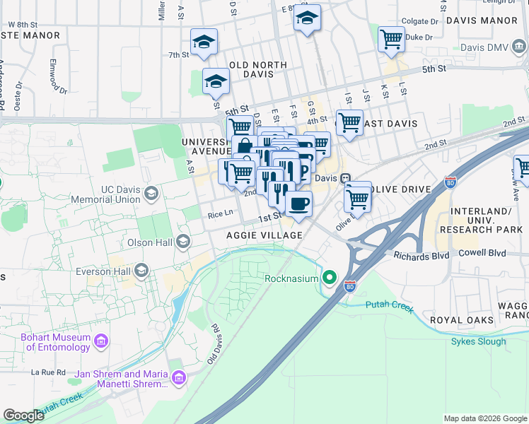 map of restaurants, bars, coffee shops, grocery stores, and more near 404 2nd Street in Davis
