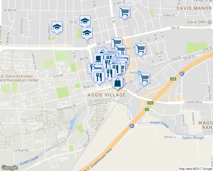 map of restaurants, bars, coffee shops, grocery stores, and more near 404 2nd Street in Davis