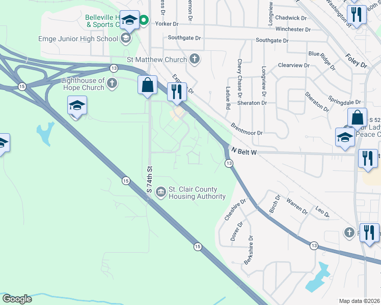 map of restaurants, bars, coffee shops, grocery stores, and more near 71 Hillside Lane in Belleville