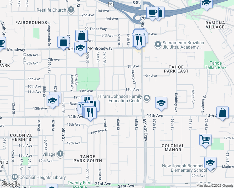 map of restaurants, bars, coffee shops, grocery stores, and more near 6351 11th Avenue in Sacramento