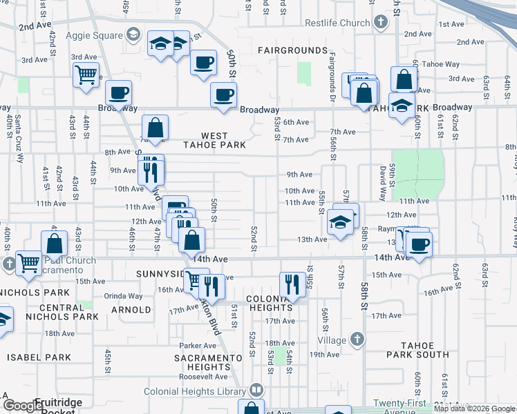 map of restaurants, bars, coffee shops, grocery stores, and more near 3500 53rd Street in Sacramento