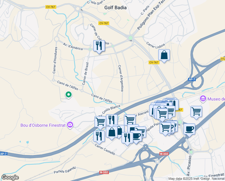 map of restaurants, bars, coffee shops, grocery stores, and more near 32G Carrer de les Bahames in Alicante