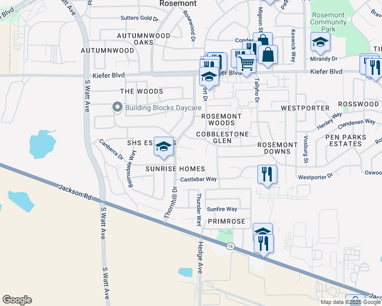 map of restaurants, bars, coffee shops, grocery stores, and more near 9045 Williamson Court in Sacramento