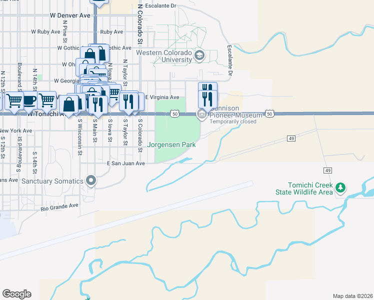 map of restaurants, bars, coffee shops, grocery stores, and more near South Adams Street in Gunnison