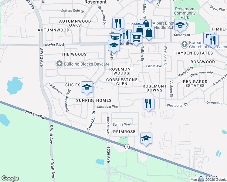 map of restaurants, bars, coffee shops, grocery stores, and more near 4001 Hollygrove Court in Sacramento