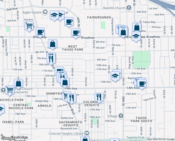 map of restaurants, bars, coffee shops, grocery stores, and more near 3500 53rd Street in Sacramento