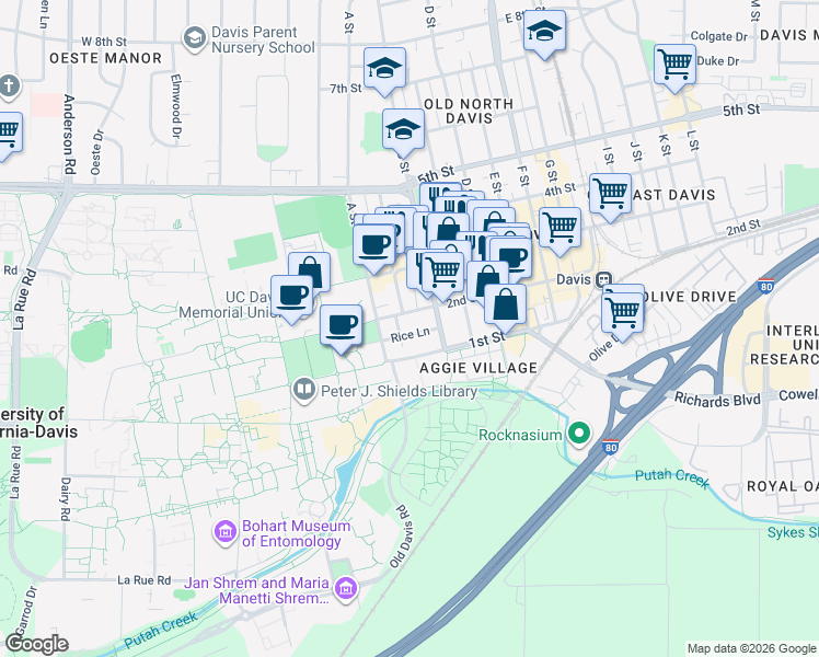 map of restaurants, bars, coffee shops, grocery stores, and more near 215 2nd Street in Davis
