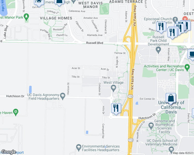 map of restaurants, bars, coffee shops, grocery stores, and more near 2040 Tilia Street in Davis