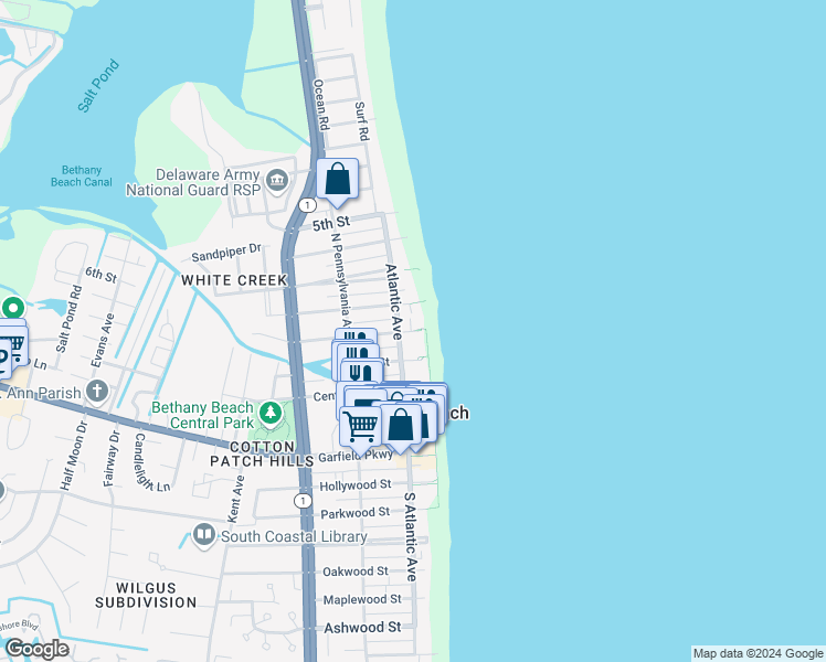 map of restaurants, bars, coffee shops, grocery stores, and more near 97 2nd Street in Bethany Beach