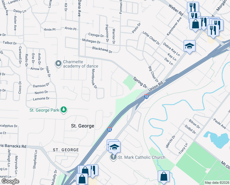map of restaurants, bars, coffee shops, grocery stores, and more near 9628 Howerton Drive in Affton