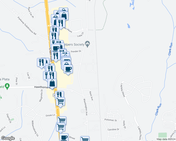 map of restaurants, bars, coffee shops, grocery stores, and more near 108 Myrtleleaf Circle in La Plata