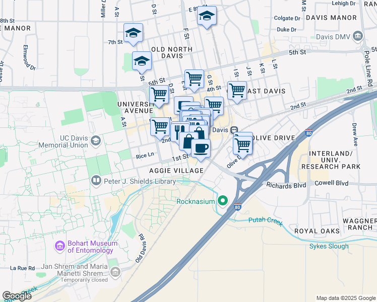 map of restaurants, bars, coffee shops, grocery stores, and more near 116 D Street in Davis
