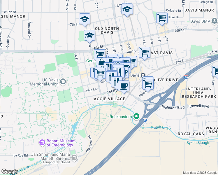map of restaurants, bars, coffee shops, grocery stores, and more near 118 C Street in Davis