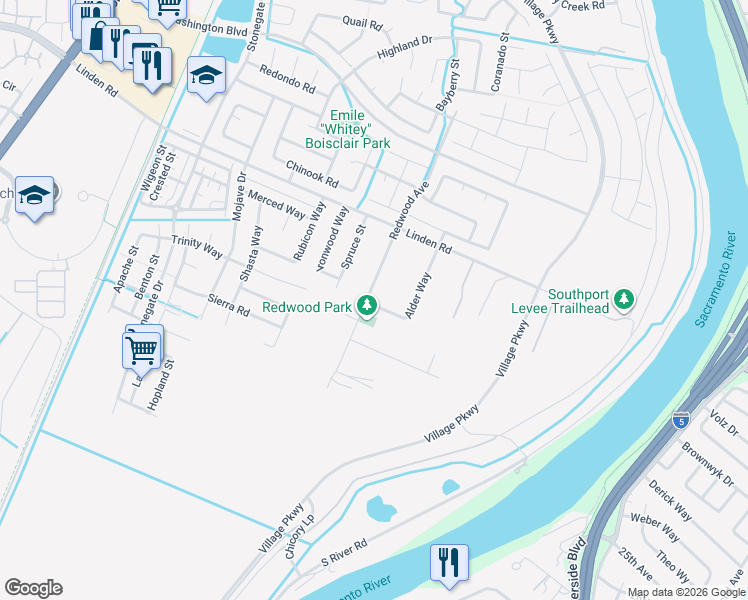 map of restaurants, bars, coffee shops, grocery stores, and more near 3048 Redwood Avenue in West Sacramento
