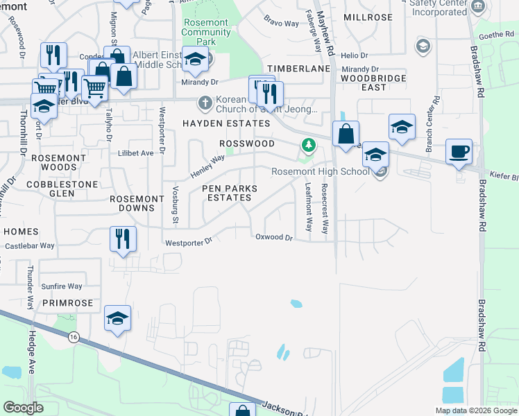 map of restaurants, bars, coffee shops, grocery stores, and more near 9421 Roseport Way in Sacramento