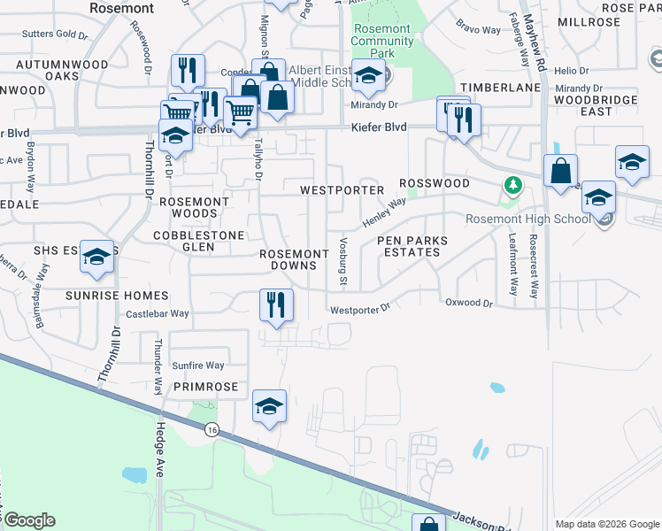 map of restaurants, bars, coffee shops, grocery stores, and more near 4017 Westporter Drive in Sacramento