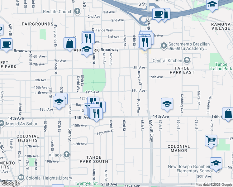 map of restaurants, bars, coffee shops, grocery stores, and more near 6201 11th Avenue in Sacramento
