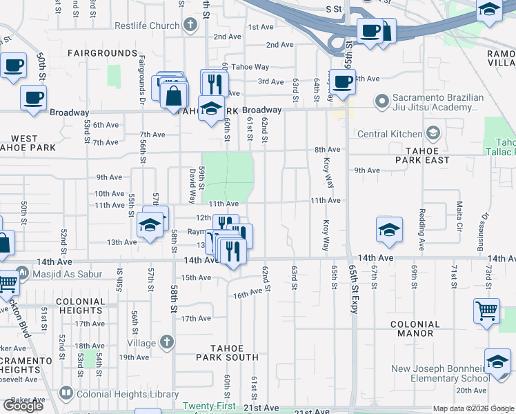 map of restaurants, bars, coffee shops, grocery stores, and more near 6155 11th Avenue in Sacramento