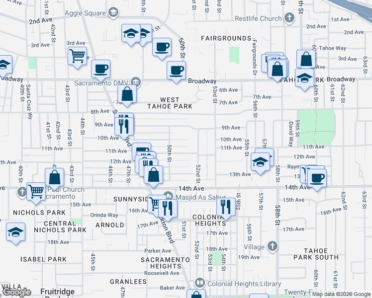 map of restaurants, bars, coffee shops, grocery stores, and more near 3500 52nd Street in Sacramento
