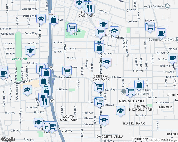 map of restaurants, bars, coffee shops, grocery stores, and more near 3515 37th Street in Sacramento