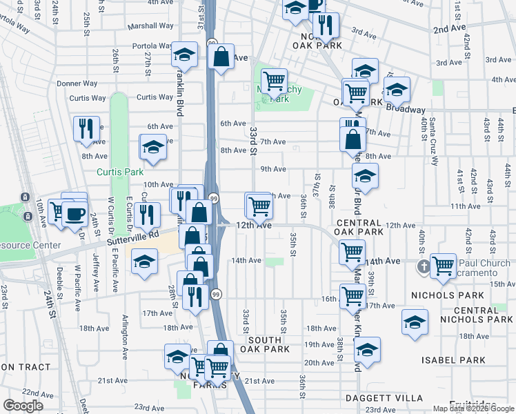 map of restaurants, bars, coffee shops, grocery stores, and more near 3272 10th Avenue in Sacramento