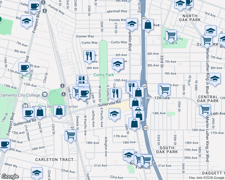 map of restaurants, bars, coffee shops, grocery stores, and more near 3541 East Curtis Drive in Sacramento