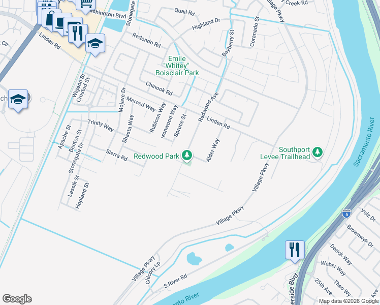 map of restaurants, bars, coffee shops, grocery stores, and more near 3048 Redwood Avenue in West Sacramento