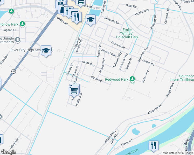 map of restaurants, bars, coffee shops, grocery stores, and more near 3035 Mojave Drive in West Sacramento