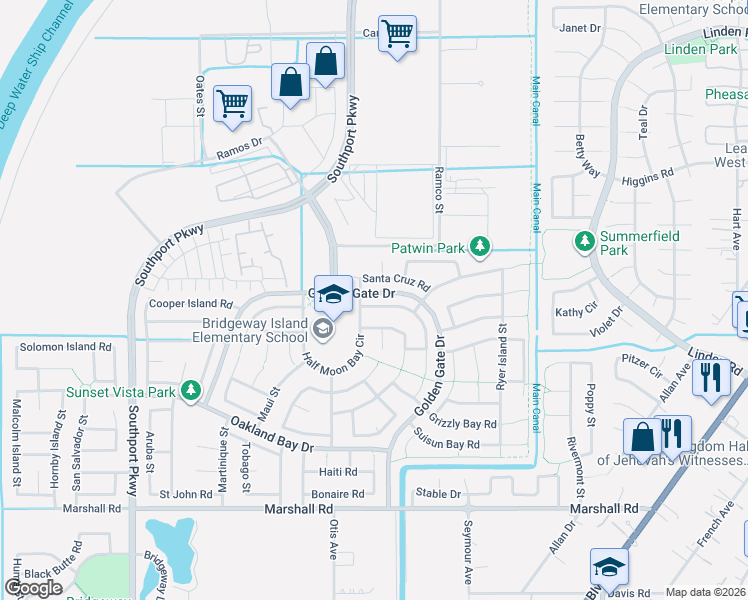 map of restaurants, bars, coffee shops, grocery stores, and more near 3277 Santa Cruz Road in West Sacramento