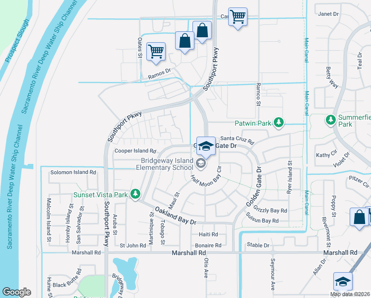 map of restaurants, bars, coffee shops, grocery stores, and more near 3400 Golden Gate Drive in West Sacramento