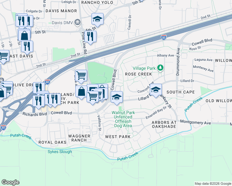 map of restaurants, bars, coffee shops, grocery stores, and more near 1201 Farragut Circle in Davis