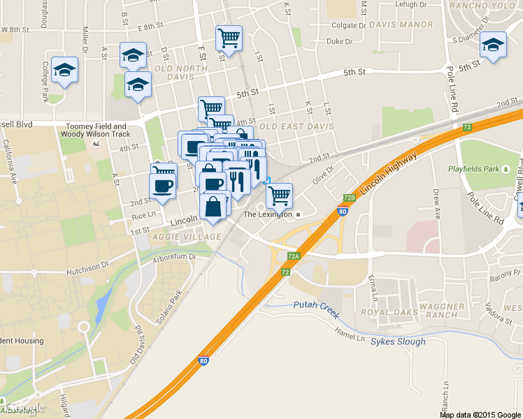 map of restaurants, bars, coffee shops, grocery stores, and more near 110 F Street in Davis