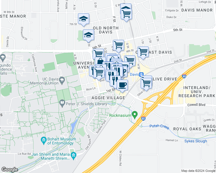 map of restaurants, bars, coffee shops, grocery stores, and more near 404 2nd Street in Davis