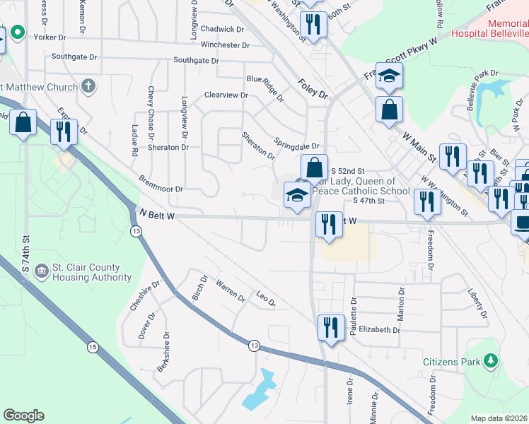 map of restaurants, bars, coffee shops, grocery stores, and more near 3 Raintree Woods Drive in Belleville